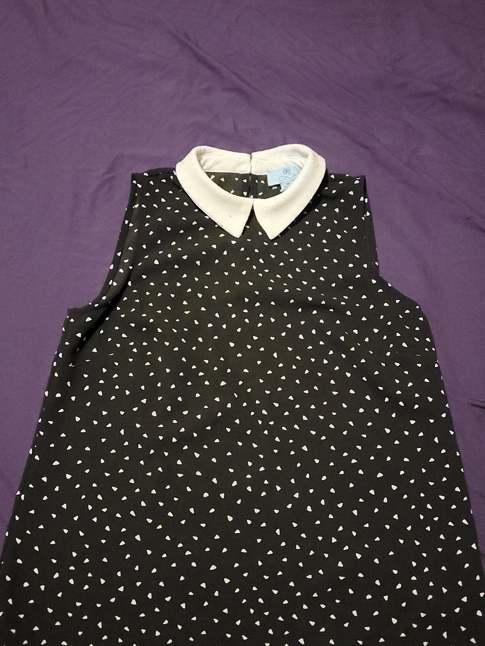 CeCe Black Top with White Triangle/Dot Print and Peter Pan Collar